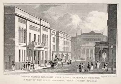 United Service Military Club House, Haymarket Theatre och en del av Opera Colonnade från Regent Street, från puben "London and it