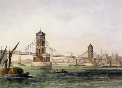 Vy över Hungerford Bridge från öster, graverad av Jean Jacottet (1806-c.43) 1854 av Thomas Hosmer Shepherd