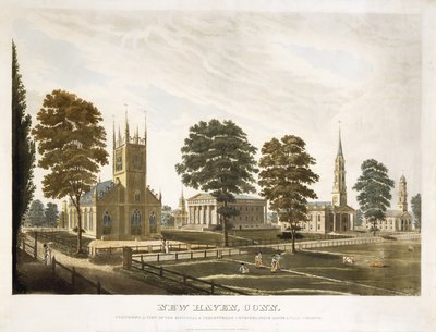 New Haven, Connecticut. Med utsikt över de episkopala och presbyterianska kyrkorna, State House och Yale College av Thomas Illman