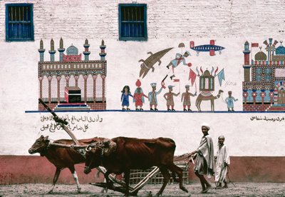 En väggmålning i stuckatur på en bondgård i Luxor hedrar minnet av lantbrukarens earl... av Thomas J. Abercrombie