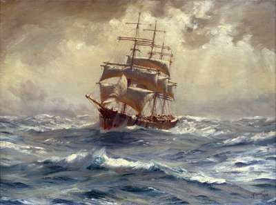 Ett fartyg med 4 master som hemsöktes före stormen, denna typ av båt användes för att handla spannmål och nitrat från Sydamerika, runt Kap Horn (Chile) av Thomas J. Somerscales