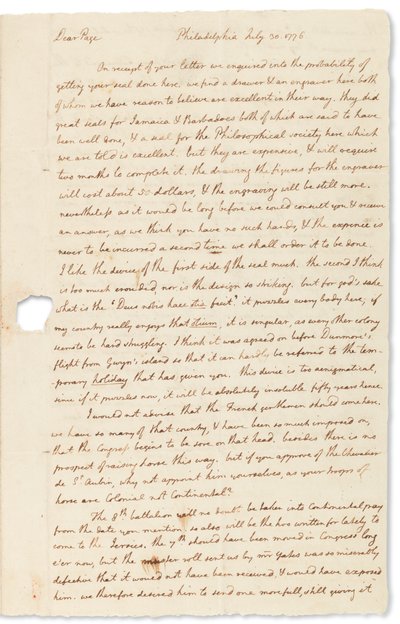 Autografbrev till John Page, Philadelphia, 30 juli 1776 av Thomas Jefferson