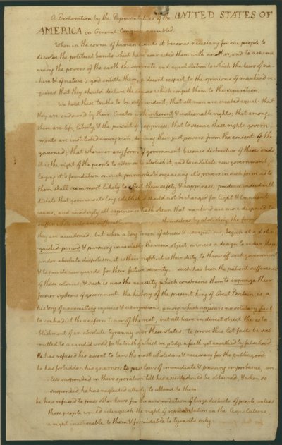 Utkast till självständighetsförklaringen, 4 juli 1776 av Thomas Jefferson