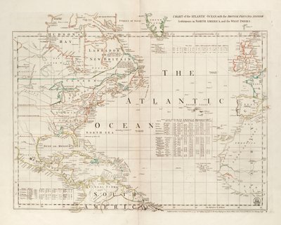 Karta över Atlanten, med de brittiska, franska och spanska bosättningarna i Nordamerika och Västindien av Thomas Jefferys