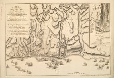 PLAN FÖR ANFALLET mot BASSETERRE på ön GUADALOUPE av en eskader av hans majestäts krigsfartyg under befäl av kommendör MOORE den 22 januari 1759. även den BRITISH ARMY