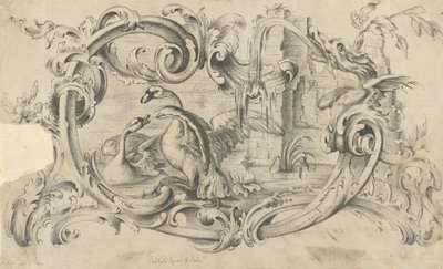 Design för en surfplatta för ett skorstensstycke med två svanar i strid, innesluten i en rulla..., 1762. av Thomas Johnson