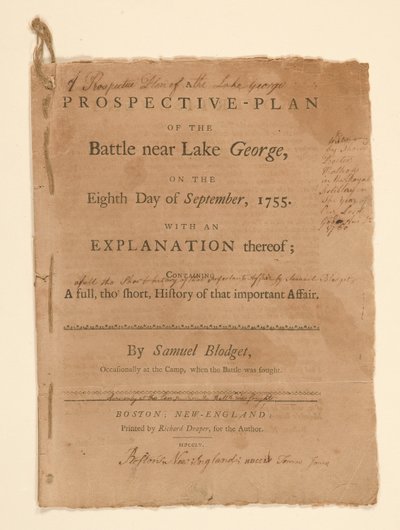 En projektiv plan för striden som utkämpades nära Lake George. Text (del B) av Samuel Blodgett av Thomas Johnston