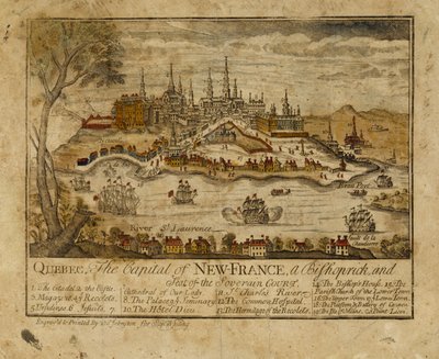 Quebec, Nya Frankrikes huvudstad, en biskopsstol och säte för Sovereindomstolen, 1759 (handfärgad gravyr) av Thomas Johnston