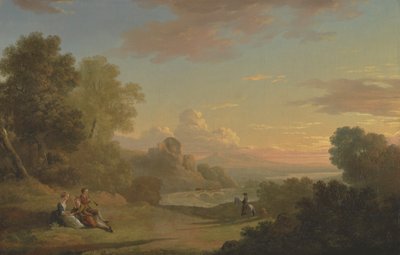 Ett imaginärt landskap med en resenär och figurer med utsikt över Baiae-bukten av Thomas Jones