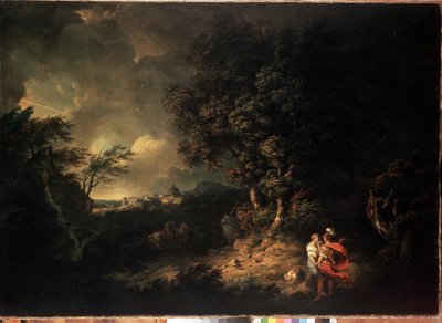 ""Stormlandskap med Aeneas och Dido"" (Landskap med Aeneas och Dido) Illustration från Virgils Aeneid. Målning av Thomas Jones (1742-1803) 1769 Mått 137,5x193,5 cm Eremitagemuseet, Sankt Petersburg av Thomas Jones