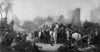 The Relief of Lucknow, und Triumphant Meeting of Havelock, Outram and Sir Colin Campbell, från "...Drawings...made on the spot...by Mr. Egron Lundgren", publicerad i London 1860. av Thomas Jones
