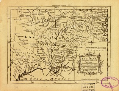 Louisiana, som tidigare hävdades av Frankrike, som nu innehåller en del av Brittiska Amerika österut och Spanska Amerika väster om Mississippi. LOC 77690498 av Thomas Kitchin