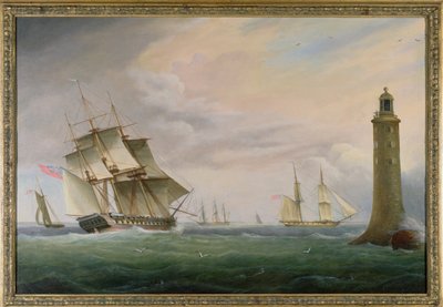 En fregatt och en sjöbriga passerar Eddystone-fyren av Thomas L. Hornbrook