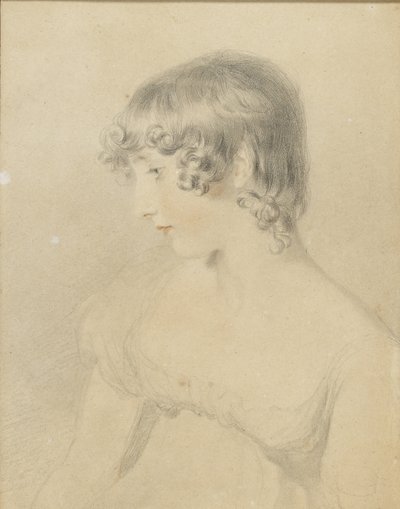 Bystporträtt av Susan Bloxam, vänd i profil till vänster, 1818 (svart krita, vidrörd med röd krita, lätt stött på vitt kort missfärgat brunt) av Thomas Lawrence