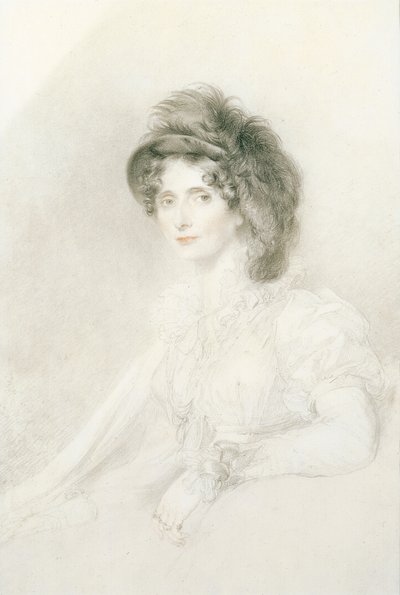 Porträtt av Elizabeth, hertiginna av Devonshire (1758-1824), sittande, halvlångt, iklädd en stor fjäderhatt (penna, svart & röd krita på papper) av Thomas Lawrence