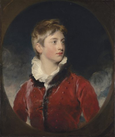 Porträtt av Frederick William Stewart, 4:e markisen av Londonderry, K.P., M.P. (1805-1872) när en pojke, halvlång, i röd rock, i låtsad oval (olja på duk) av Thomas Lawrence
