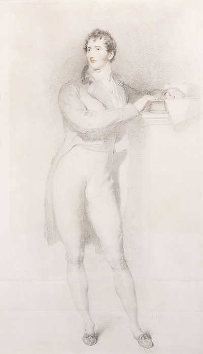 Porträtt av Sir Francis Burdett, Bart, liten i full längd, stående vid en kaminhylla, ca 1796 av Thomas Lawrence