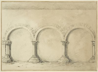 Valv och kolumner i Mereweathers lokaler mellan Nicholas Street och Corn Street (penna och akvarell på papper) av Thomas Leeson the Elder Rowbotham