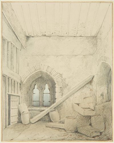 Valv, pelare och fönster i Mereweathers lokaler mellan Nicholas Street och Corn Street (penna och akvarell på papper) av Thomas Leeson the Elder Rowbotham