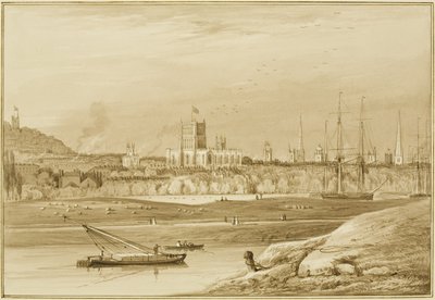 Bristol från Coronation Road med Cumberland Road, New Cut och utsikt över kyrkorna i Bristol av Thomas Leeson the Elder Rowbotham