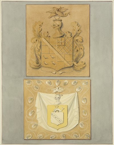 Vapensköldar på dörröppningen i Langton Mansion, på baksidan (akvarell på papper) av Thomas Leeson the Elder Rowbotham