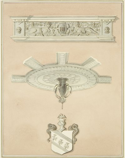 Detaljer om rummet i Law Library, inklusive centralt takhänge och taklist (penna och akvarell på papper) av Thomas Leeson the Elder Rowbotham