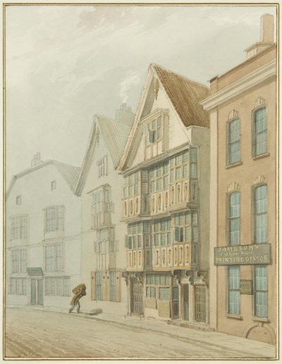 Gamla hus mittemot Köpmannahuset (akvarell på papper) av Thomas Leeson the Elder Rowbotham