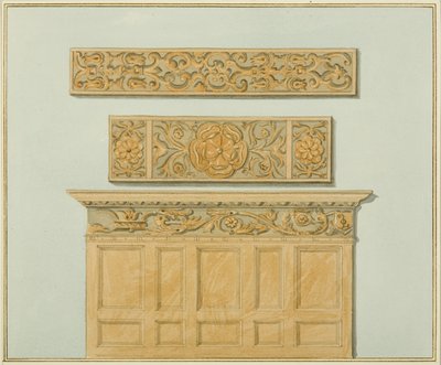 Delar av panelen och frisen, i Langton Mansion, på baksidan (akvarell på papper) av Thomas Leeson the Elder Rowbotham