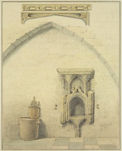 Piscina, Frieze and Spandrels in Courtyard of 131 Temple Street (penna och akvarell på papper) av Thomas Leeson the Elder Rowbotham