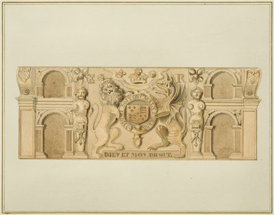 Drottning Elizabeths vapen i ek tidigare i ett hus vid den sydvästra änden av Clare Street (akvarell på papper) av Thomas Leeson the Elder Rowbotham