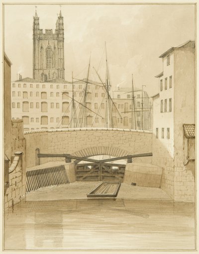 Stenbroen visade slussar (penna och akvarell på papper) av Thomas Leeson the Elder Rowbotham