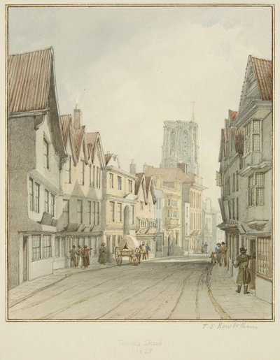 Temple Street, som visar tornet i Temple Church (akvarell på papper) av Thomas Leeson the Elder Rowbotham