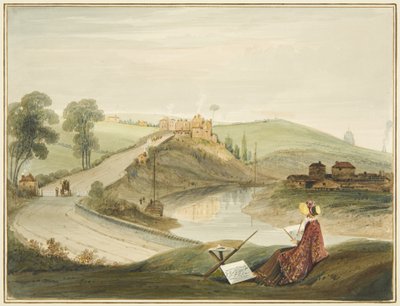 Totterdown och Pile Hill från Bath Road, som visar Brislington Turnpike (med en Miss Braikenridge? Skissande) av Thomas Leeson the Elder Rowbotham