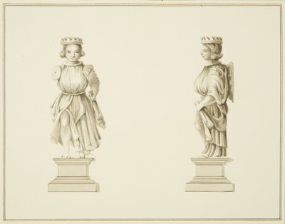 Två vyer av en snidad träfigur i salongen i St John