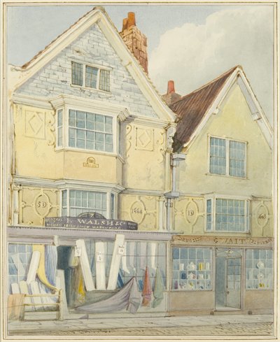 Två gamla hus på norra sidan av Castle Street (penna och akvarell på papper) av Thomas Leeson the Elder Rowbotham