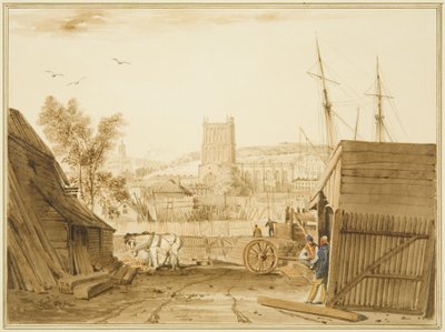 Utsikt från Acramans timmergård, Wapping, med utsikt mot katedralen av Thomas Leeson the Elder Rowbotham