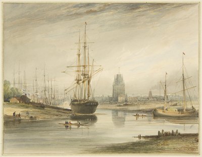 Vy tittar uppför floden, tagen underifrån Rope Walk and Wapping, c.1804 av Thomas Leeson the Elder Rowbotham