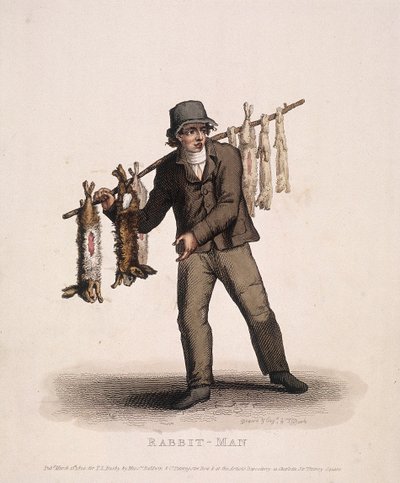 Kaninsäljare som bär en stolpe hängd med kaniner, 1820 av Thomas Lord Busby