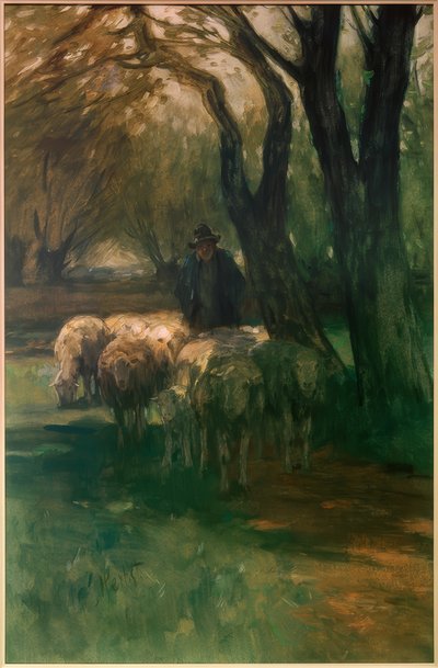 Flock får under träd av Thomas Ludwig Herbst