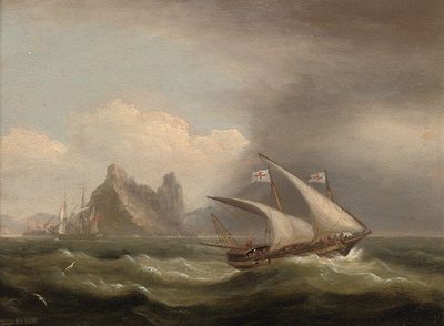 En beväpnad Xebec i Medelhavet, en brittisk fregatt utanför hennes akter och springer förbi en stenig kust, 1822 av Thomas Luny