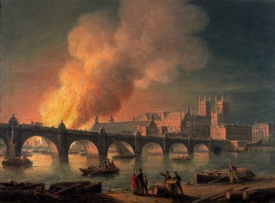 "Westminster Bridge and the Burning of the Houses of Parliament från Lambeth", 1835 av Thomas Luny