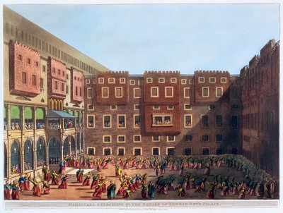"Mamelukes tränar på torget i Mourad Beys palats", Kairo, Egypten, 1802 av Thomas Milton