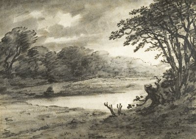 Lake Scene (kol  lavering på papper) av Thomas Monro