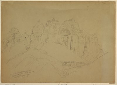 Teckning, Rio Virgin River med stora klippformationer, 1873 av Thomas Moran