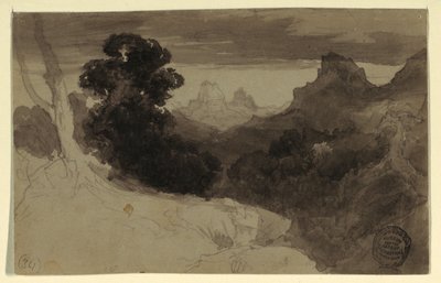Teckning, vy över Tetons, Wyoming, 1874 av Thomas Moran