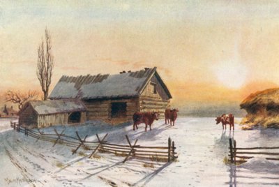 Bondgård på landet, vinter (färglitografi) av Thomas Mower Martin