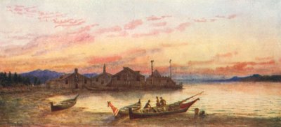Siwash Village, Stillahavskusten (färglitografi) av Thomas Mower Martin