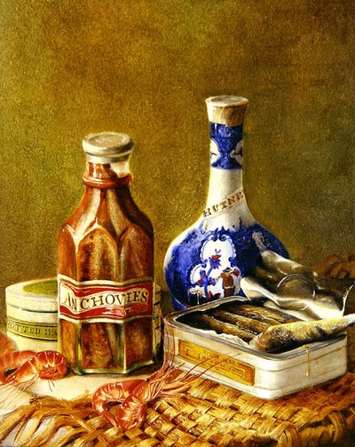 Stilleben med ansjovis, ca 1844-62 (olja på kort på duk) av Thomas Musgrave