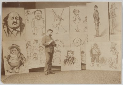 Helkroppsporträtt av Thomas Nast med en grupp karikatyrer av Thomas Nast