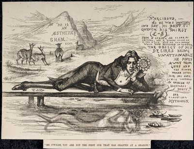 Oscar Wilde som Narcissus (med en inskription) (gravyr) av Thomas Nast